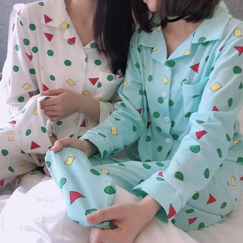 2pcs Žensk Bombažno Pižamo Pomlad Dolg Rokav Gumb Proti-vrat Jopico Hlače korejski Slog Tiskanja Pijama za Ženske Sleepwear
