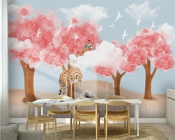 Foto wallpaperHand naslikal gozd, žirafa, modro nebo, beli oblaki otroški sobi stene papirja TV ozadju 3d ozadje