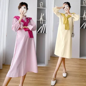 Jeseni Nove Korejske Modne Porodniškega Dolgo Obleko Elegantno Elegantno Linijo Slim Oblačila Za Nosečnice Ponaredek Dva Kosa Cape Obleko