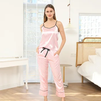 Seksi Pižame Bo Ustrezala More Poletje Novo Roza Suspender Sleepwear Elastični Pas Hlačni Kostim Ženske Svilnato Saten Pižamo Set