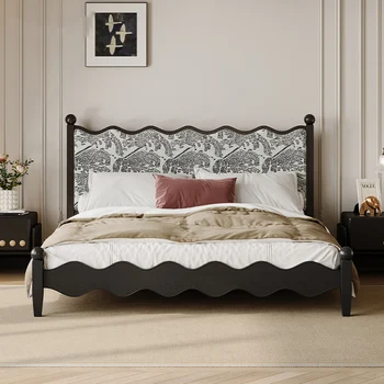 Francoski Letnik postelja iz Masivnega lesa Zakonsko posteljo 1,8 m spalnico žakarske tkanine black vijugasto bliskavice queen postelja