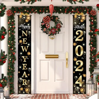 Srečno Novo Leto 2024 Dekoracijo Črno Zlato Novo Leto Vrat Visi Za Transparente, Zastave Novo Leto, Božič Prostem Okraski Navidad 2024