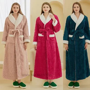 Nekaj Runo Koralni kopalni plašč Sleepwear Svoboden Kimono s Pocket Pozimi Toplo More Peignoirs Zgostitev Flanela Kopalne Obleke