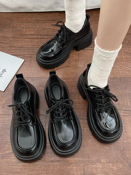 Čevlji Na Petah Black Stanovanj Ženska Obutev Krog Toe 2023 Moda za Ženske Jeseni Maši Platformo Priložnostne Zavezat Britanski Stil Oxf