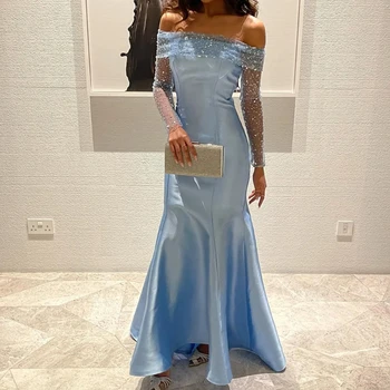Off Ramo arabski Večerne Obleke za Ženske, Modro Nebo, Sequins svate Dolg Rokav Dubaj Posebne Priložnosti Stranka Obleko