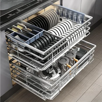 Kuhinja posoda in plošče shranjevanje rack omara dvojni predal košarice za gospodinjstvo, iz nerjavnega jekla možganov shranjevanje rack rack