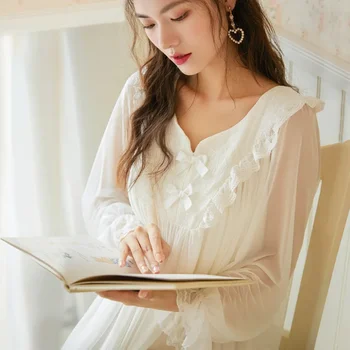Beli Očesa Modal Dolgo Haljo Princesa More Hišna Obleke Pravljice Čipke Nightgown Ženske Sleepwear Vintage Obleko Noč Peignoir