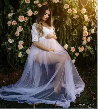Čipke Baby Tuš Obleka Za Nosečnice Seksi Glej Skozi Til Porodniškega Photoshoot Nosečnostjo Ženske Obleke Maxi Halje Premama
