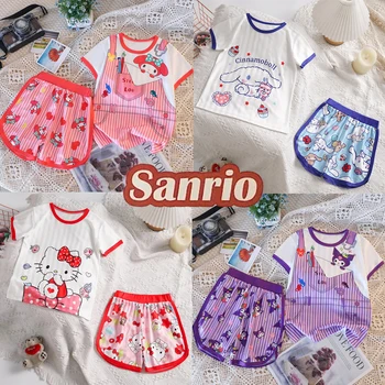 Sanrio Hello Kitty Otroci Nastavite Risanka Kratkimi Rokavi, kratke Hlače za Poletje T-shirt Pižamo Homewear Sleepwear Doma Obleko Otroci Oblačila