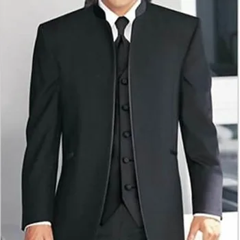 Po meri Narejeni po meri Prilagojene moški DOGOVORILI obleko,črno Madarin Ovratnik ženina moških tuxedos z waistcoat(Suknjič+Hlače+Telovnik)