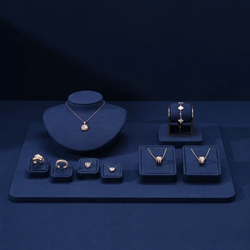 Modra mikrovlaken kovinski nakit zaslon prop ogrlica, prstan watch števec zaslon rack